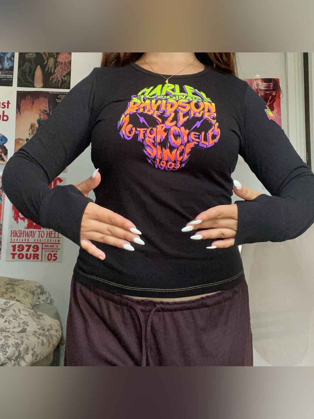 Harley-Davidson Black Long Sleeve Henley Tee with Neon Skull Graphic